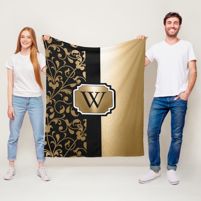 Black and Golden Vintage Floral Fleece Blanket (In Situ)