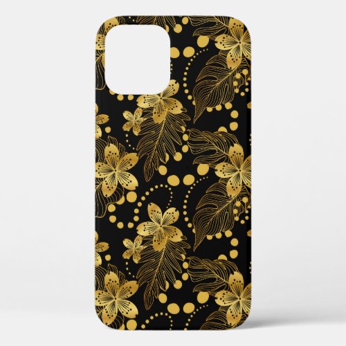 Black and goldTropical leaves pattern  iPhone 12 Case
