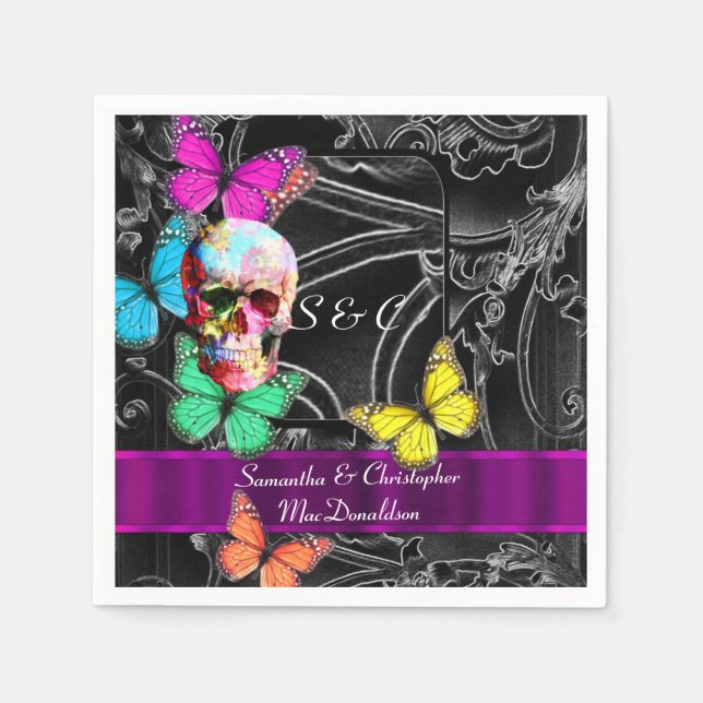 Black and gothic sugar skull wedding napkins (Front)