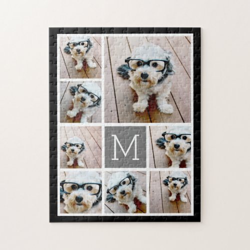 Black and Gray 8 Photo Collage _ classic monogram Jigsaw Puzzle
