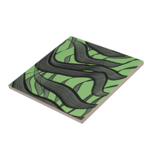 Black And Gray Abstract Feathered Floral Leaves Ceramic Tile