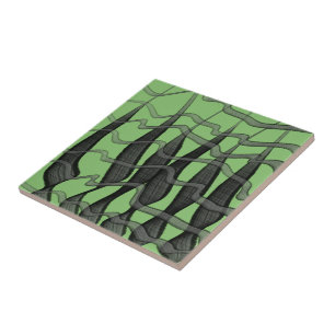 Black And Gray Abstract Feathered Floral Leaves  Ceramic Tile