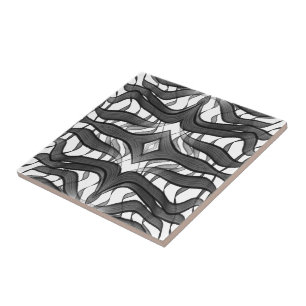 Black And Gray Abstract Feathered Floral Leaves Ceramic Tile