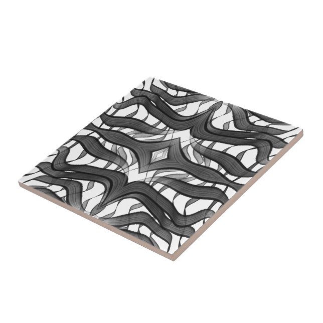Black And Gray Abstract Feathered Floral Leaves  Ceramic Tile (Side)