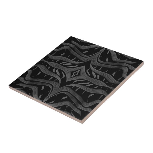 Black And Gray Abstract Feathered Floral Leaves  Ceramic Tile (Side)