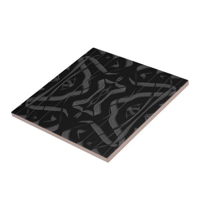 Black And Gray Abstract Mirrored Feathered Leaves  Ceramic Tile (Side)
