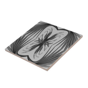 Black And Gray Abstract Mirrored Feathered Leaves  Ceramic Tile