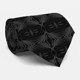 Black And Gray Abstract Mirrored Feathered Leaves Neck Tie