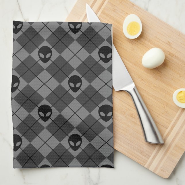 Black and Gray Alien Argyle Pattern Kitchen Towel (Quarter Fold)
