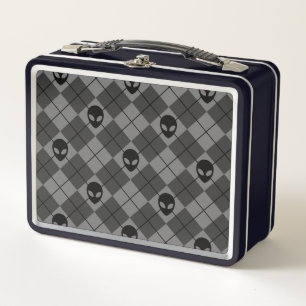 Black and Gray Alien Argyle Pattern Metal Lunch Box