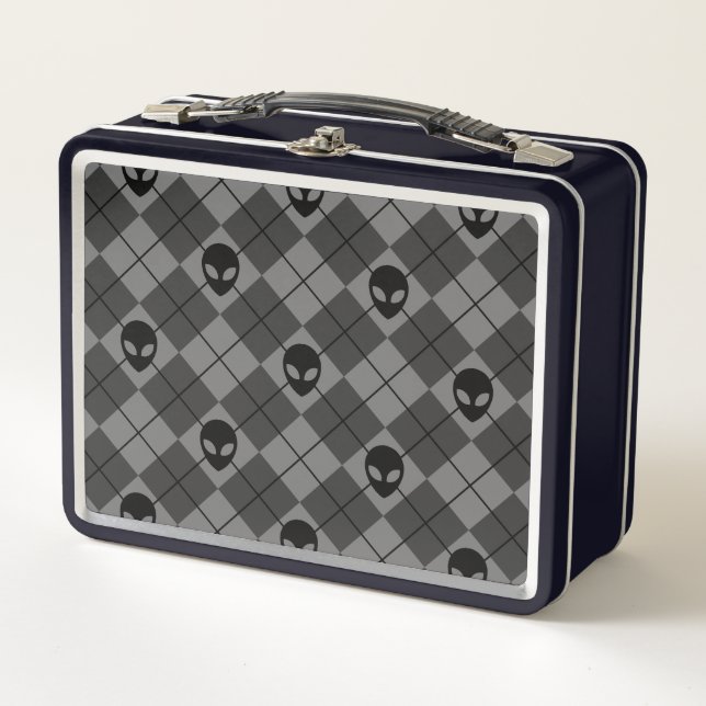 Black and Gray Alien Argyle Pattern Metal Lunch Box (Front)
