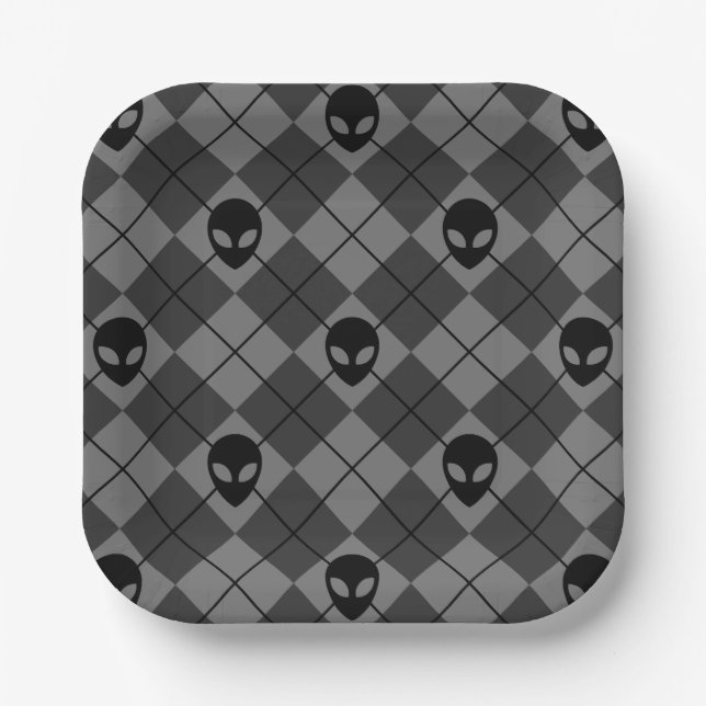 Black and Gray Alien Argyle Pattern Paper Plates (Front)