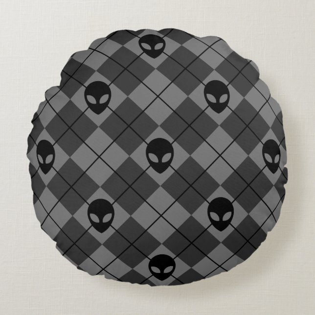Black and Gray Alien Argyle Pattern Round Pillow (Front)