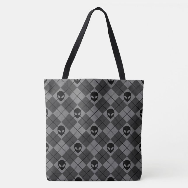 Black and Gray Alien Argyle Pattern Tote Bag (Front)
