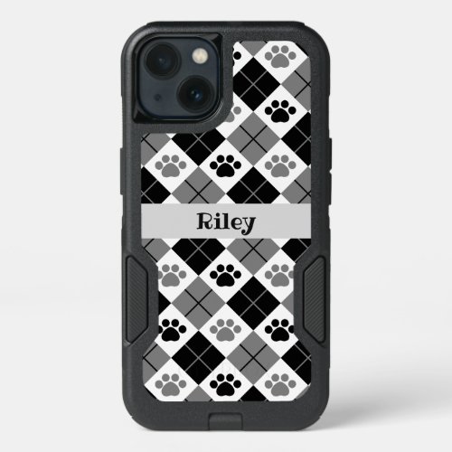 Black and Gray Argyle Paw Pattern iPhone 13 Case
