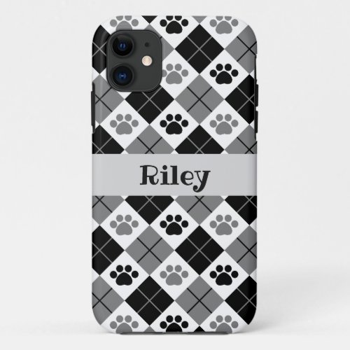 Black and Gray Argyle Paw Print Pattern iPhone 11 Case