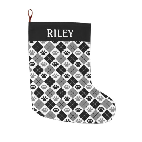 Black and Gray Argyle Paw Print Pattern Large Christmas Stocking