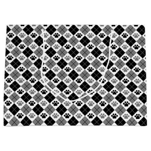 Black and Gray Argyle Paw Print Pattern Large Gift Bag