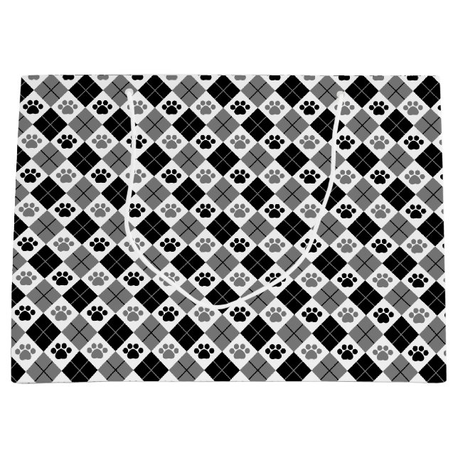 Black and Gray Argyle Paw Print Pattern Large Gift Bag (Front)