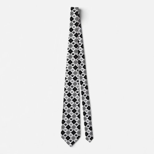 Black and Gray Argyle Paw Print Pattern Neck Tie