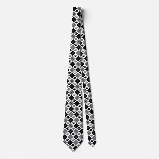 Black and Gray Argyle Paw Print Pattern Neck Tie (Front)
