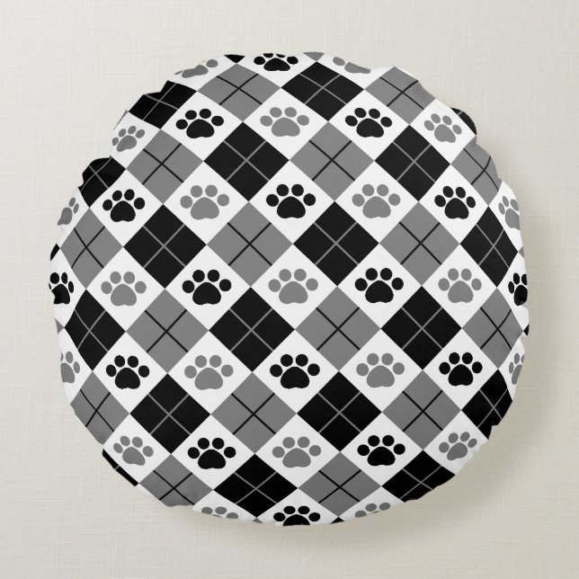 Black and Gray Argyle Paw Print Pattern Round Pillow (Front)