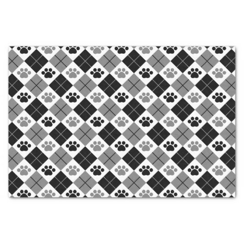 Black and Gray Argyle Paw Print Pattern Tissue Paper