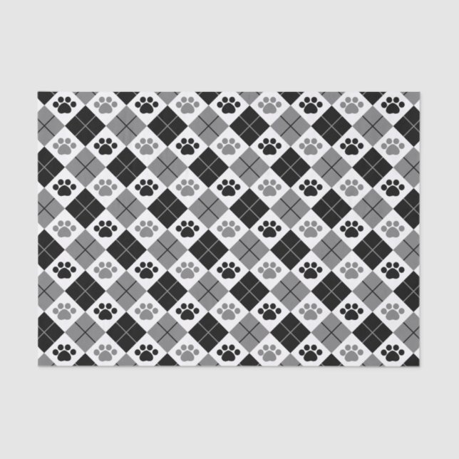 Black and Gray Argyle Paw Print Pattern Tissue Paper (Front)