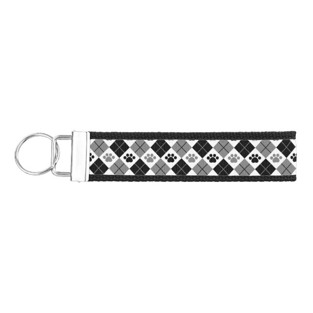 Black and Gray Argyle Paw Print Pattern Wrist Keychain (Keys on Left)