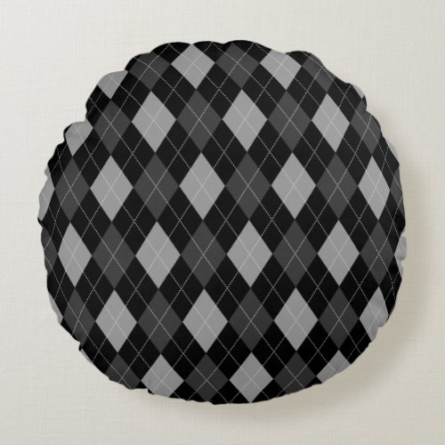 Black and Gray Argyle Round Pillow