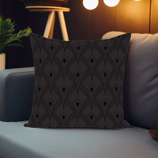 Black and gray art-deco monochromatic pattern throw pillow (Creator Uploaded)