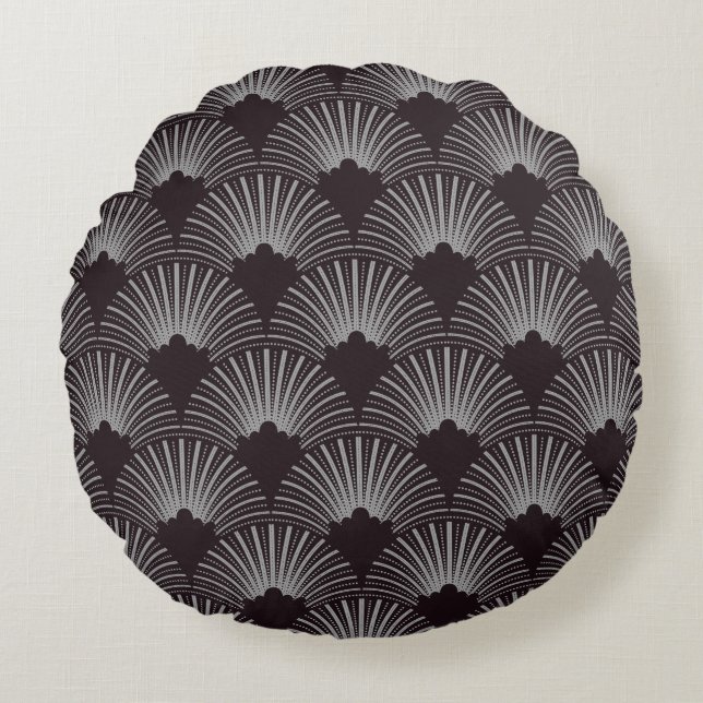 Black and gray art-deco pattern round pillow (Front)