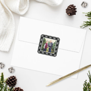 Black and Gray Buffalo Plaid Holiday Photo Square Sticker