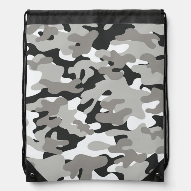 Black and Gray Camo Design Drawstring Bag (Front)