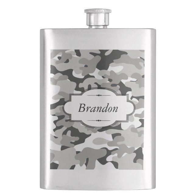 Black and Gray Camo Design Personalized Flask (Front)