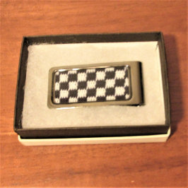 Black and Gray Checkered Artisan Crochet Print Silver Finish Money Clip