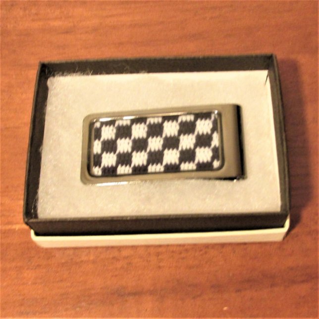 Black and Gray Checkered Artisan Crochet Print Silver Finish Money Clip (Creator Uploaded)