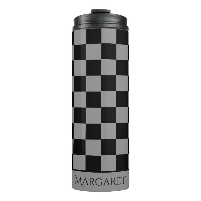 black and gray checkered monogram name thermal tumbler (Front)