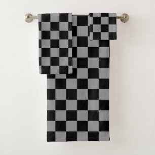 Black and Gray Checkered Print Bath Towel Set