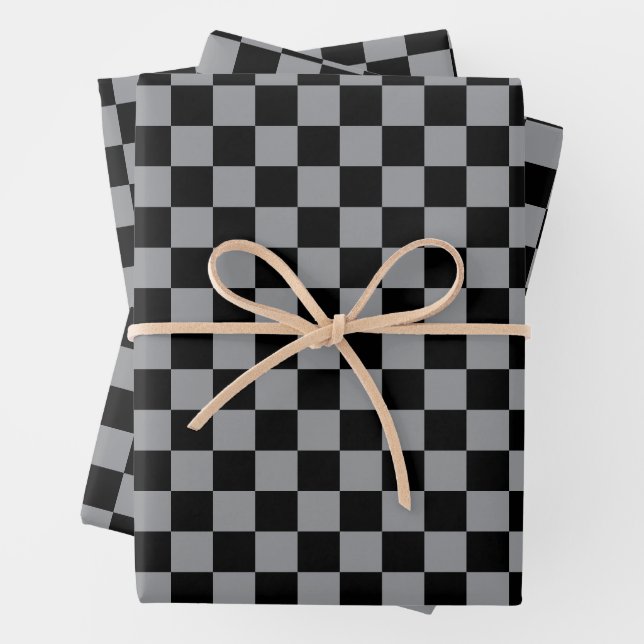 Black and Gray Checkered Print Wrapping Paper Sheets (In situ)