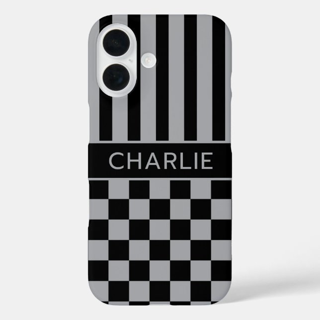 Black and Gray Checkered Striped Personalized Case-Mate iPhone Case (Back)