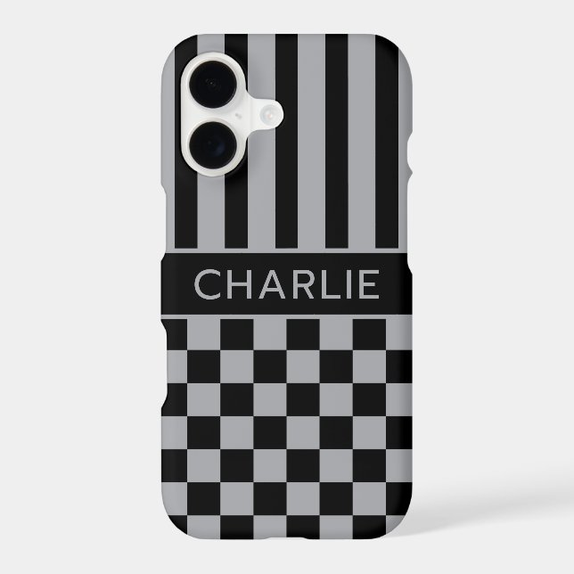 Black and Gray Checkered Striped Personalized Case-Mate iPhone Case (Back)