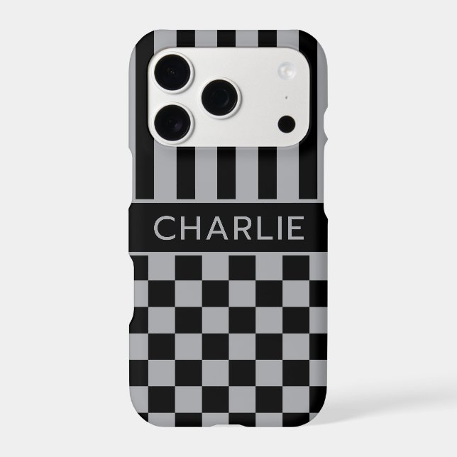 Black and Gray Checkered Striped Personalized Case-Mate iPhone Case (Back)