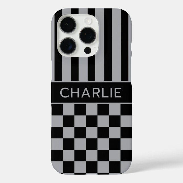 Black and Gray Checkered Striped Personalized Case-Mate iPhone Case (Back)