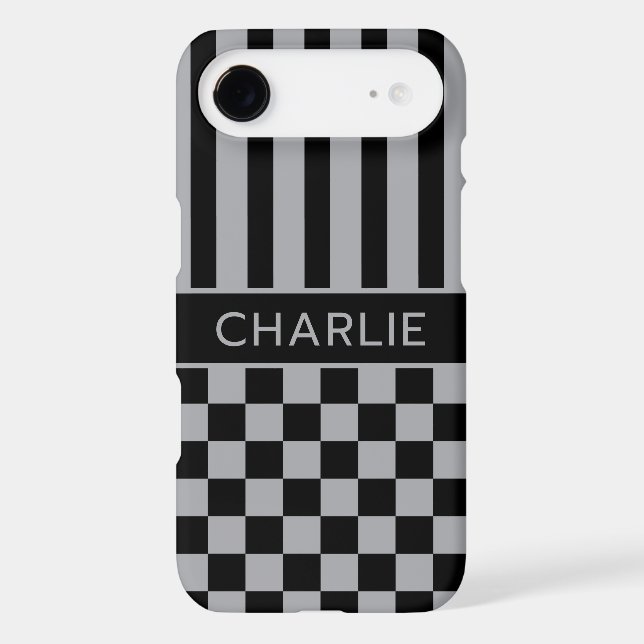 Black and Gray Checkered Striped Personalized Case-Mate iPhone Case (Back)