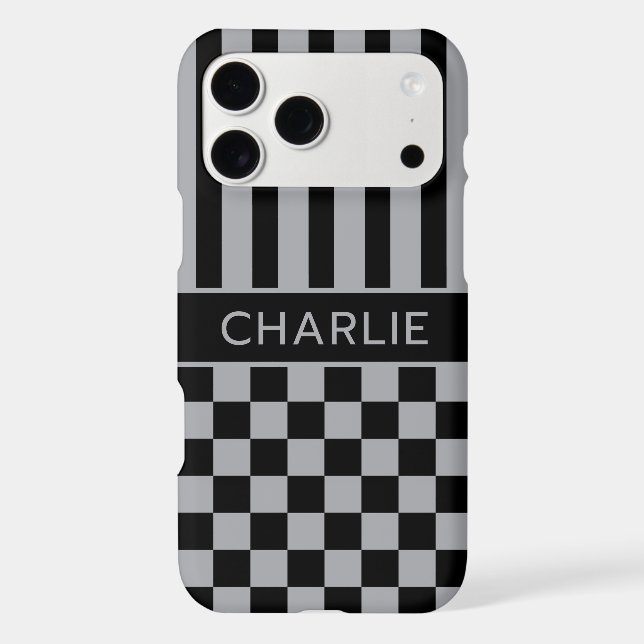 Black and Gray Checkered Striped Personalized Case-Mate iPhone Case (Back)