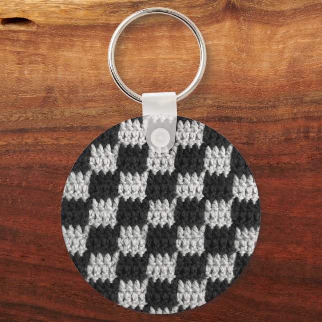 Black and Gray Chessboard Squares Crochet Print on Keychain (Front)