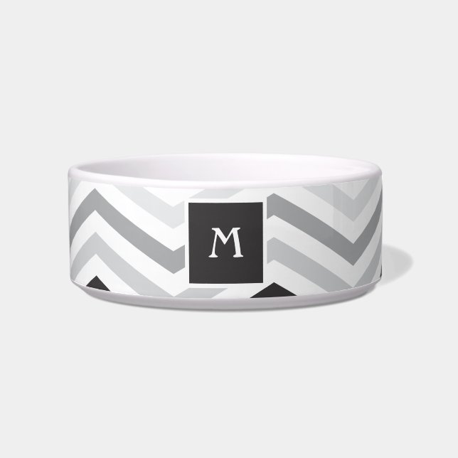 Black and Gray Chevron  | Monogram Cat Dish (Front)