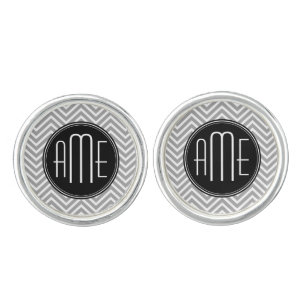 Black and Gray Chevron Pattern Custom Monogram Cufflinks