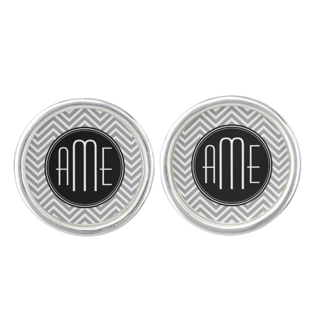 Black and Gray Chevron Pattern Custom Monogram Cufflinks (Front)